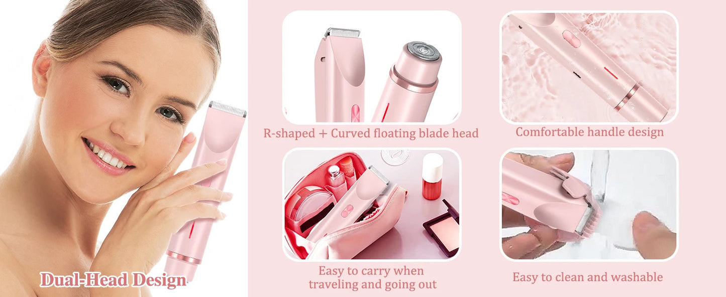 2 in 1 Dual-Head Painless Women Electric Razors Bikini Trimmer Wet Dry Use for Ladies Pubic Hair Detachable Head Electric Shaver